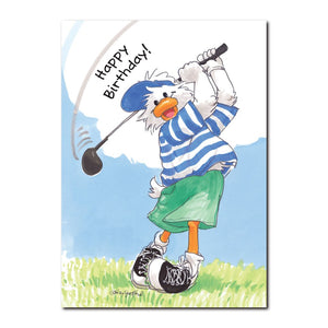 Jack Quacker is a well-coordinated duck who can pick up a golf club and make a perfect shot in this Suzy's Zoo birthday card.