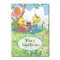 Suzy Ducken and her sister Sally are best of friends on a hillside picnic in this Suzy's Zoo birthday greeting card.
