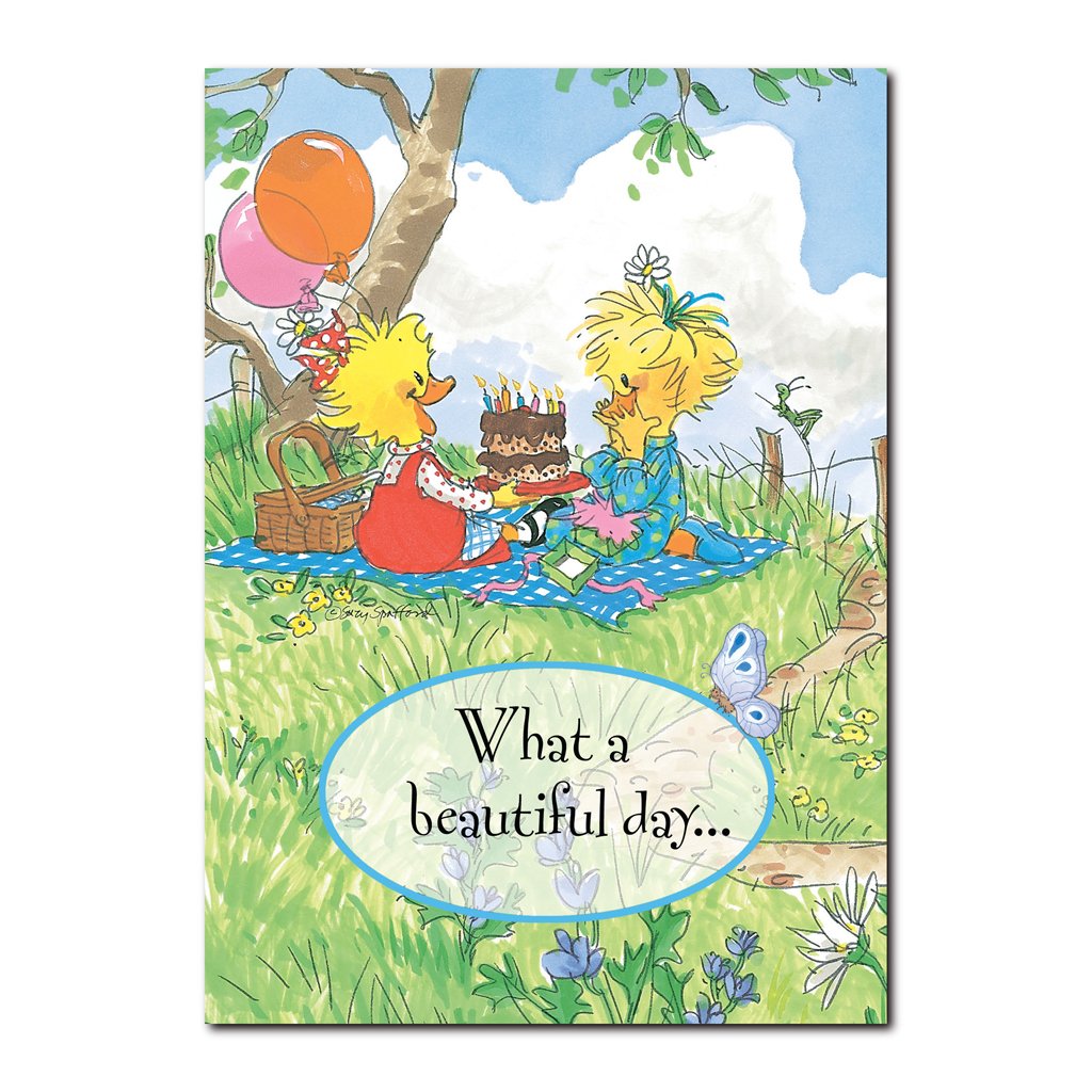 Suzy Ducken and her sister Sally are best of friends on a hillside picnic in this Suzy's Zoo birthday greeting card.