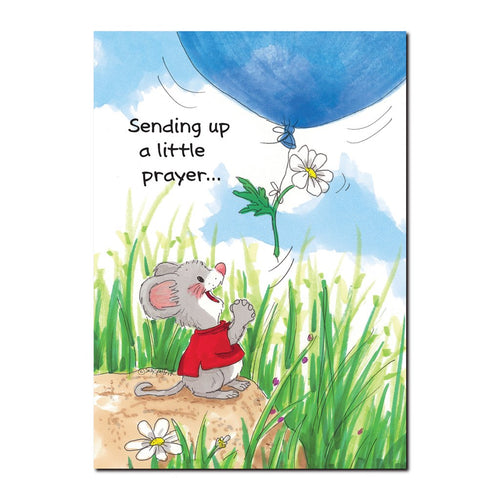 Herkimer is a thoughtful little friend, with his bright blue get well balloon on this Suzy's Zoo get well greeting card.