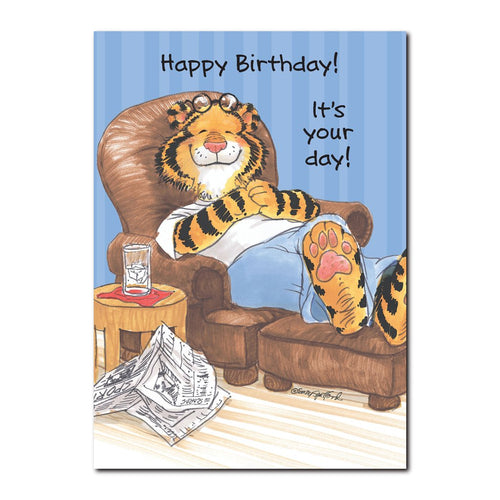 Rory Groover is a tiger who grooves on his big, soft easy chair on this Suzy's Zoo happy birthday greeting card.