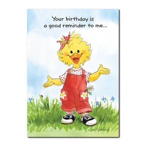 Suzy Ducken is good at remembering special people and dates, standing here in red overalls on this Suzy's Zoo birthday card.