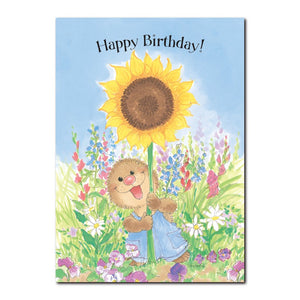 Ollie Marmot loves the BIG sunflowers in the fields near Marmot Manor in this Suzy's Zoo happy birthday greeting card.