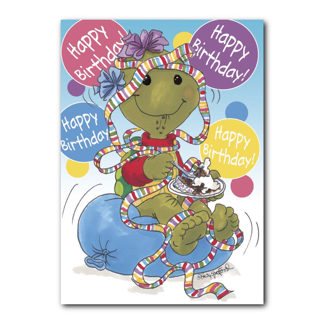 Corky loves birthdays with lots of balloons, streamers, and of course, cake and ice cream on this Suzy's Zoo birthday card.