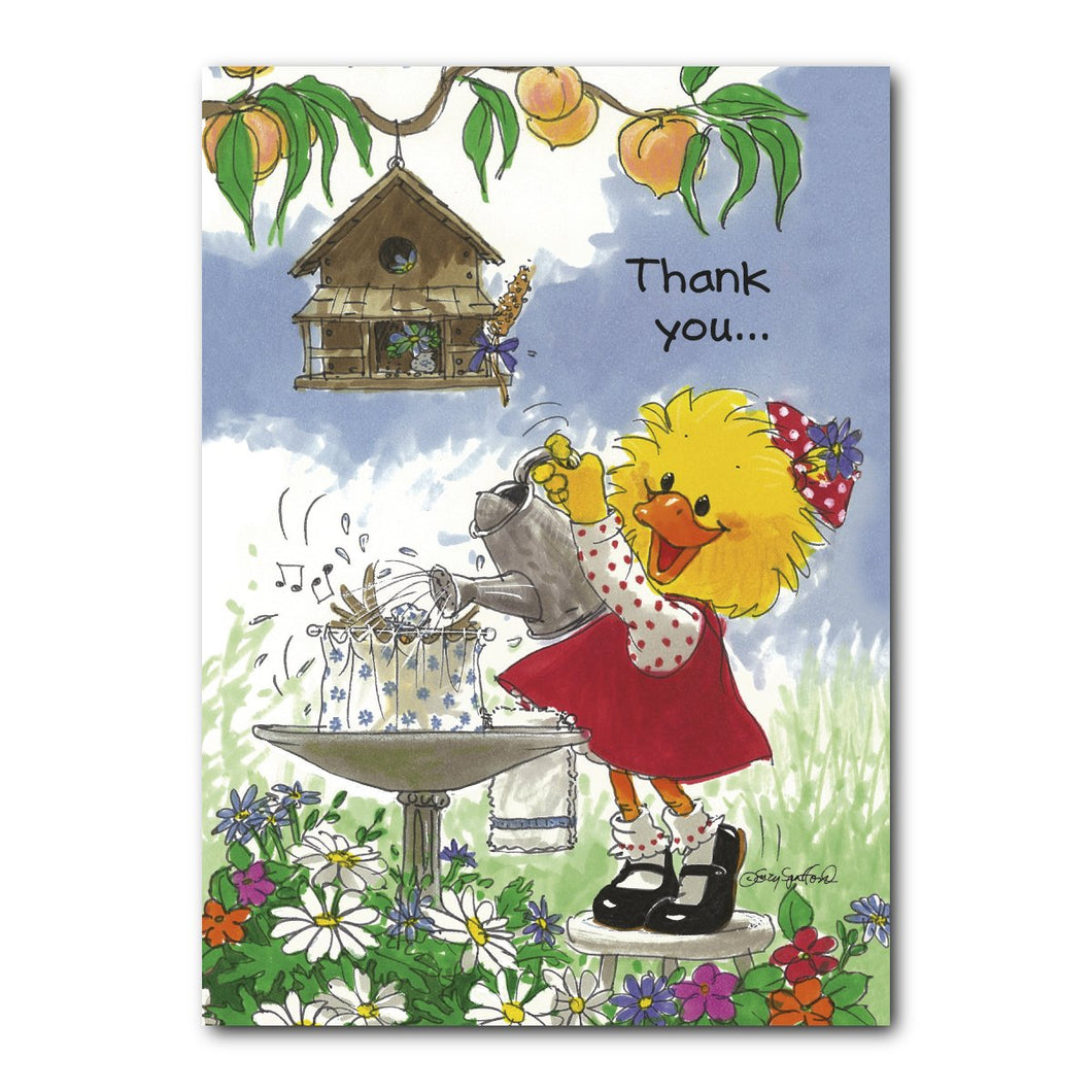 Lucky the sparrow or wren that comes to roost in Suzy Ducken's back yard in this Suzy's Zoo thank you greeting card.