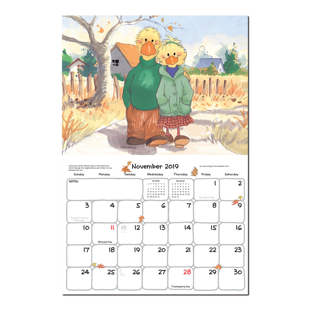 A couple take a stroll to see the fall leaves in this autumn page of the 2019 suzys zoo calendar. 