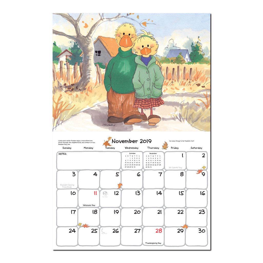 A couple take a stroll to see the fall leaves in this autumn page of the 2019 suzys zoo calendar. 