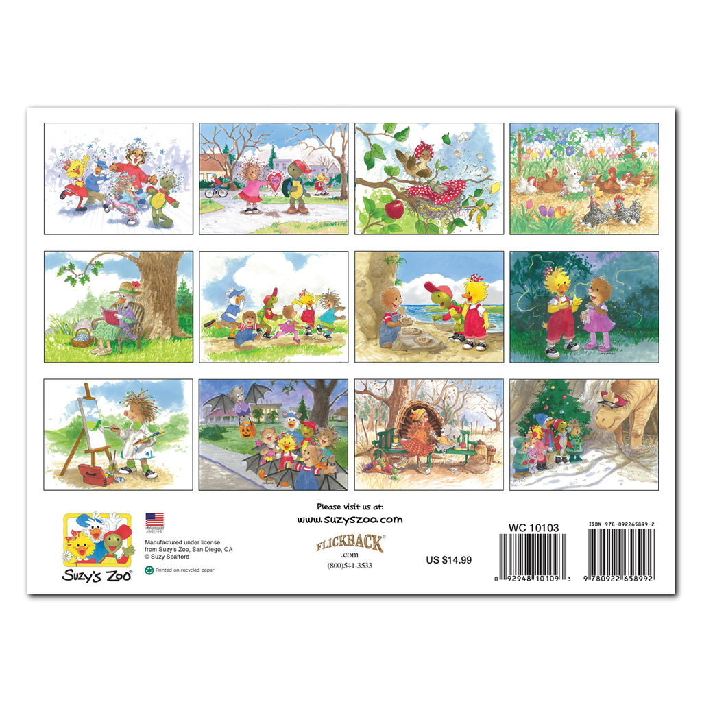 The Suzy's Zoo 2020 Wall Calendar back cover shows all of the months included in this illustrated appointment calendar. 